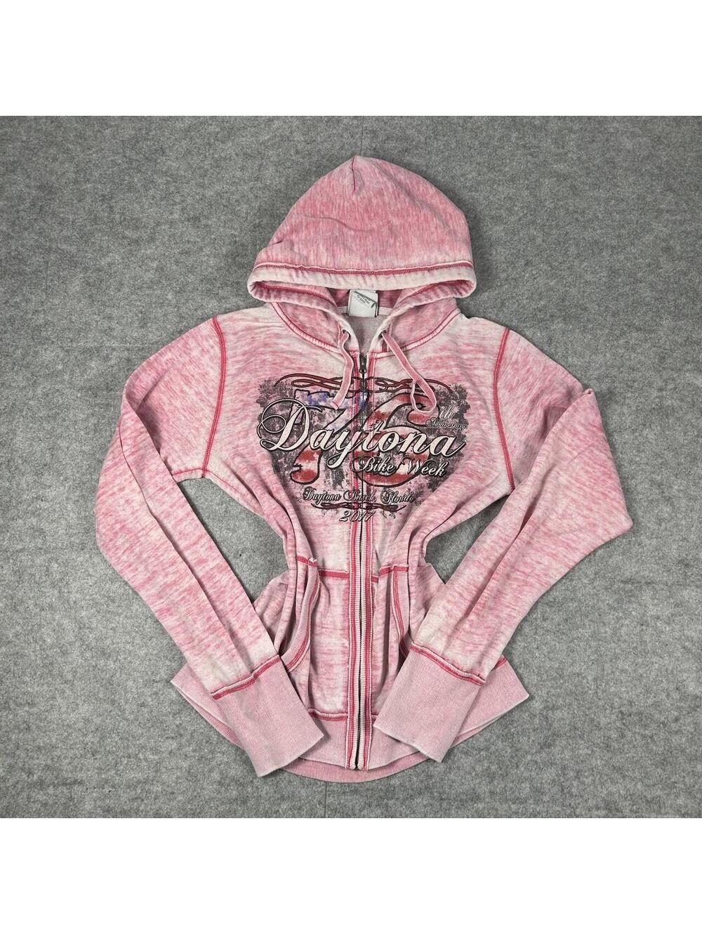 Vintage Y2K Women’s Pink Biker Full Zip Hoodie Affliction Grunge Wings Size XL